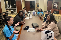 Chinyere Neal (left), Michael Bean, Dana Green, Melanie Hogan, and ASU library staff discuss radio preservation